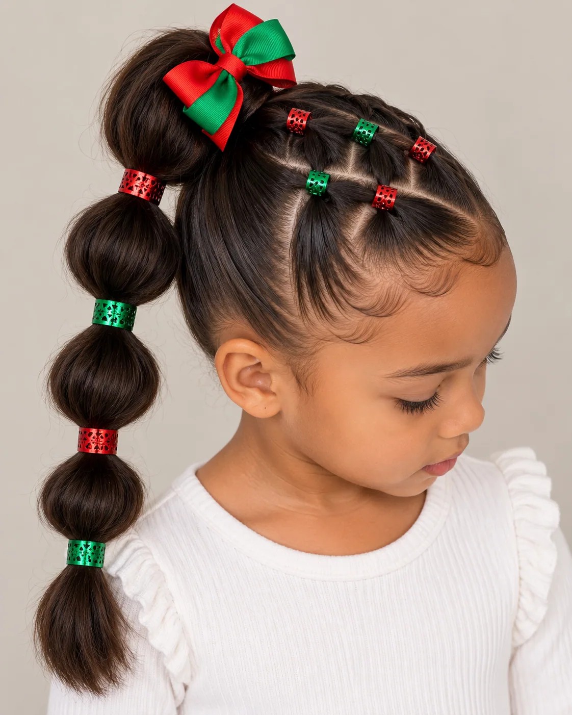 Christmas bubble ponytail with red and green cuffs and bow
